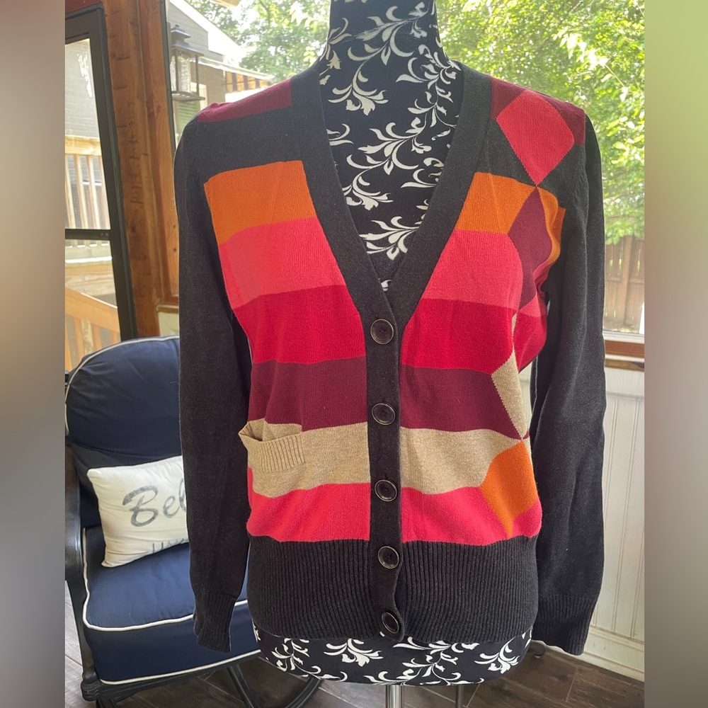 CAbi Black and Red Color Block Cardigan Sweater